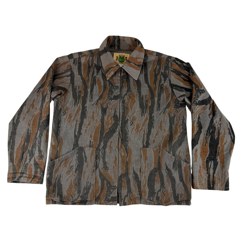 Ideal Hunting Jacket Mens M Grey Brown Tiger Stripe Camo Zip Up Cotton Vintage